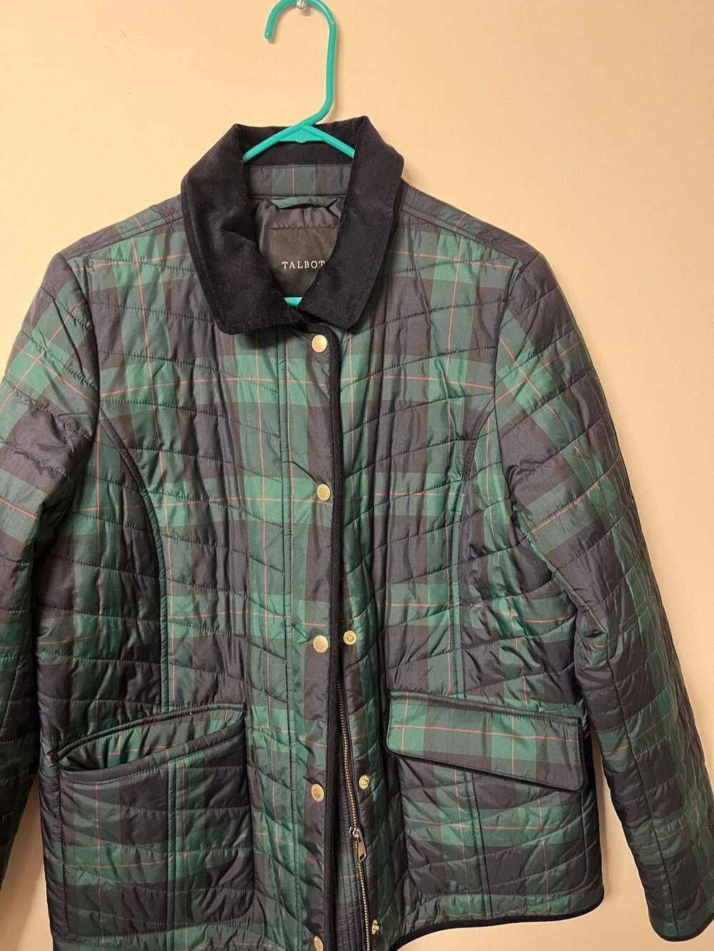 Talbots Quilted Black Watch Plaid Barn Jacket with Corduroy Collar